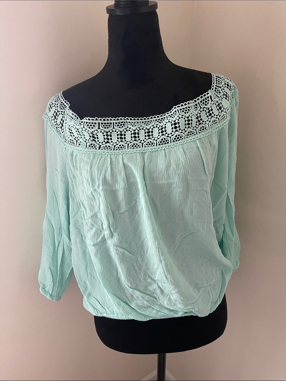 Off-the-Shoulder Crochet Yoke Top - Mint